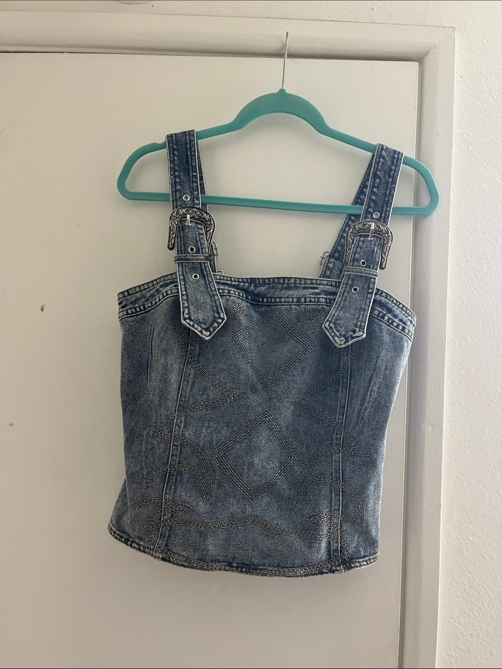 Denim Buckle-Strap Women’s Jeans Top - Blue